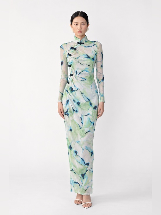 sau lee Dresses & Skirts - SAU LEE Blue Green Floral Mesh Long Sleeve Mandarin Collar Maxi Dress